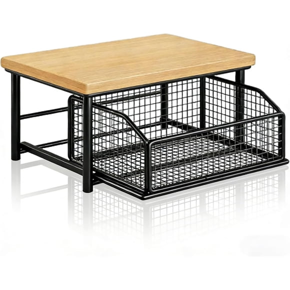 Microwave Stand with Drawer, 2 Tier Countertop Organizer, White Wood Kitchen Shelf for Coffee Maker Toaster, No Assembly(Black)
