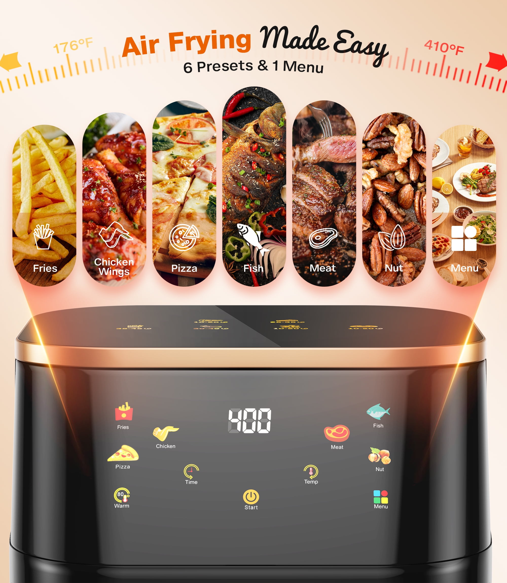 Suodoka Air Fryer 8 Qt Max 450F for Cooking, 6 Presets Fry Touch Panel Easy View Window, New Black
