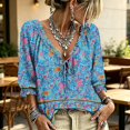 thumbnail image 3 of Women's 3/4 Sleeve V Neck Floral Print Ruffle Blouses Tie Front Flowy Boho Tops Lightweight Woven Casual Shirts Trendy 2026 Summer Beach Outfits Blue L, 3 of 5
