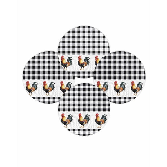 Round Placemats Set of 4 Rooster Place Mats Washable Woven Placemat Farm Animal Black Plaid Circle Braided Table Mat for Kitchen Dining Table Party Home Decor 15 Inch