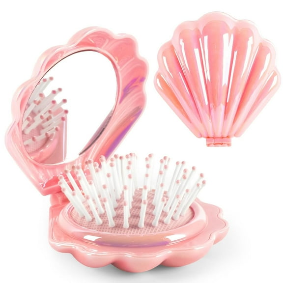 Metallic Shinning Finish Foldable Travel Hair Brushes with Mirror Shell Shape Portable Folding Pocket Hairbrush Mini Hair Comb Purse Compact Size Hair Massager (Pink)