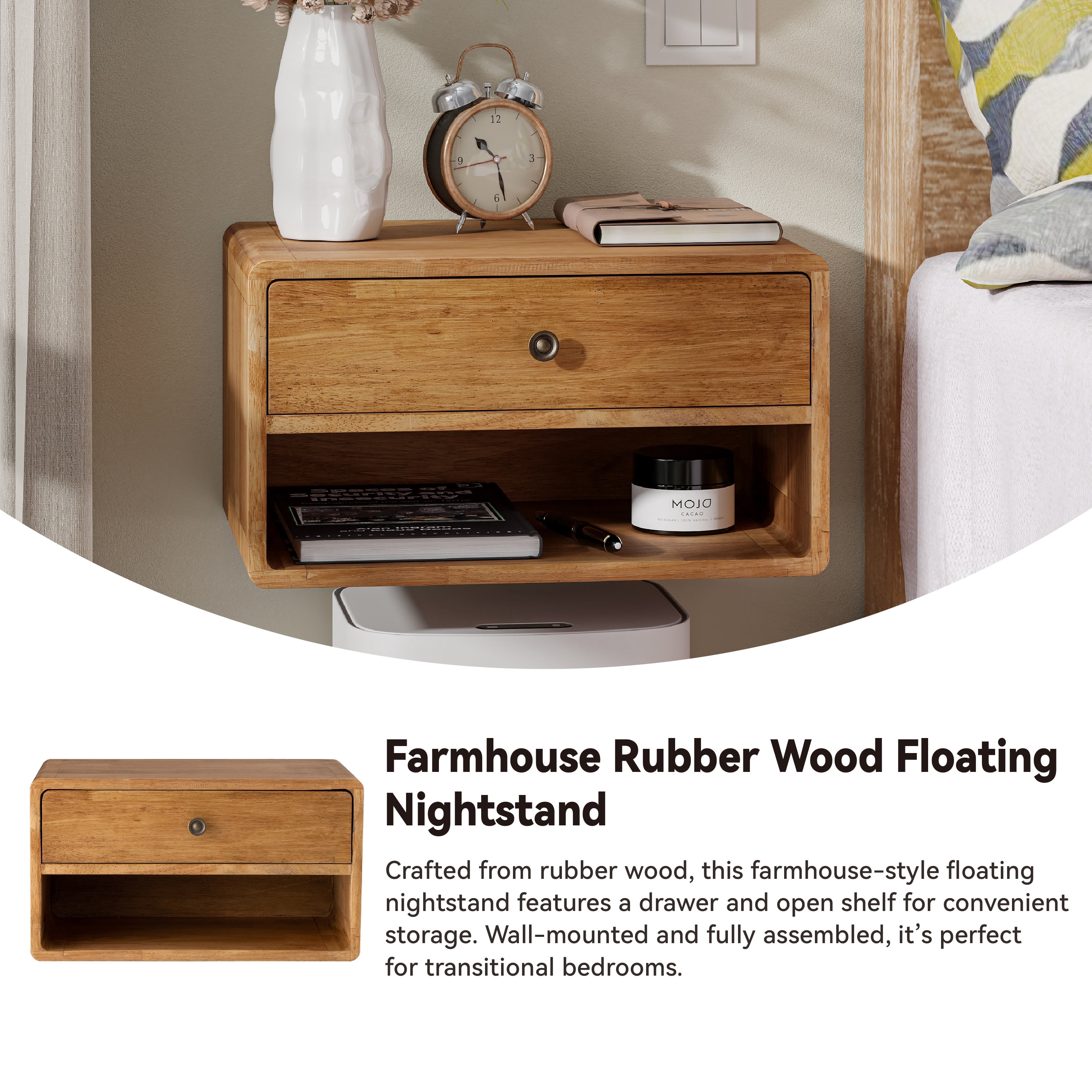 COZAYH Farmhouse Rubber Wood Floating Nightstand with Drawer and Open Shelf, Transitional Wall Mounted Side Table with Open Slot for Bedroom, Fully Assembled (Natural)