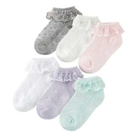 

6 Pairs Girls Ruffle Lace Trim Cotton Socks Baby Girl Eyelet Frilly Dress Socks(1-9T)