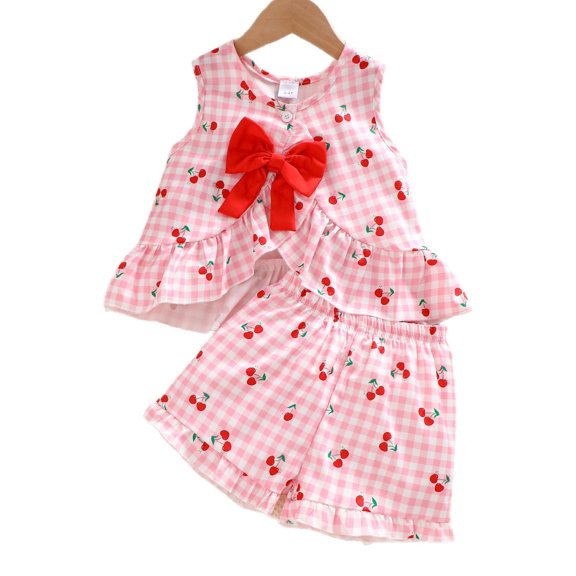 Bobifish Toddler Girls Outfit Sets Plaid Ruffle Hem Cherry Print Sleeveless Front Closure Top Shorts Children Girls Sets