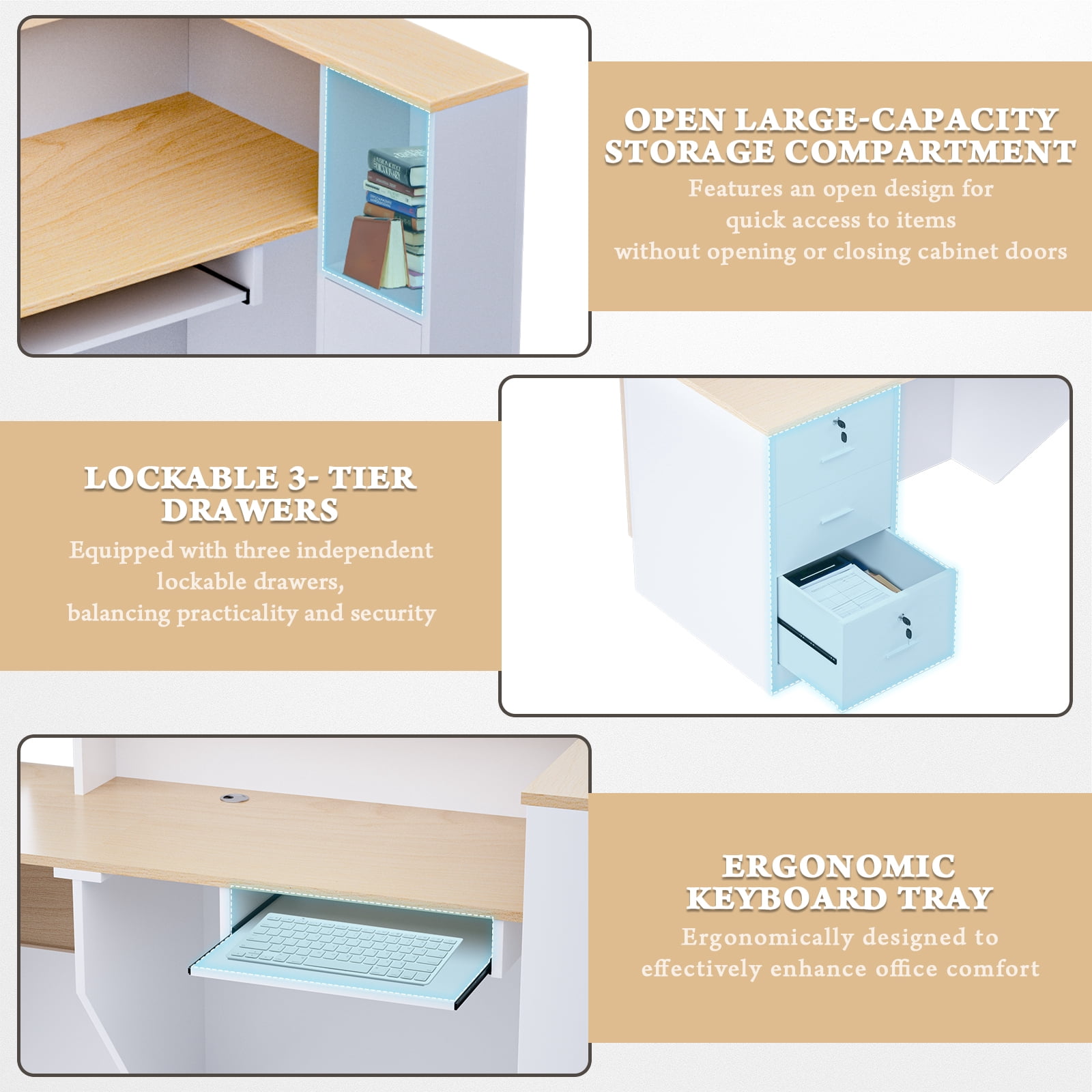 Vakiorn 71in L-Shaped Reception Desk Natural Wood White with Lockable Drawers for Office Lobby