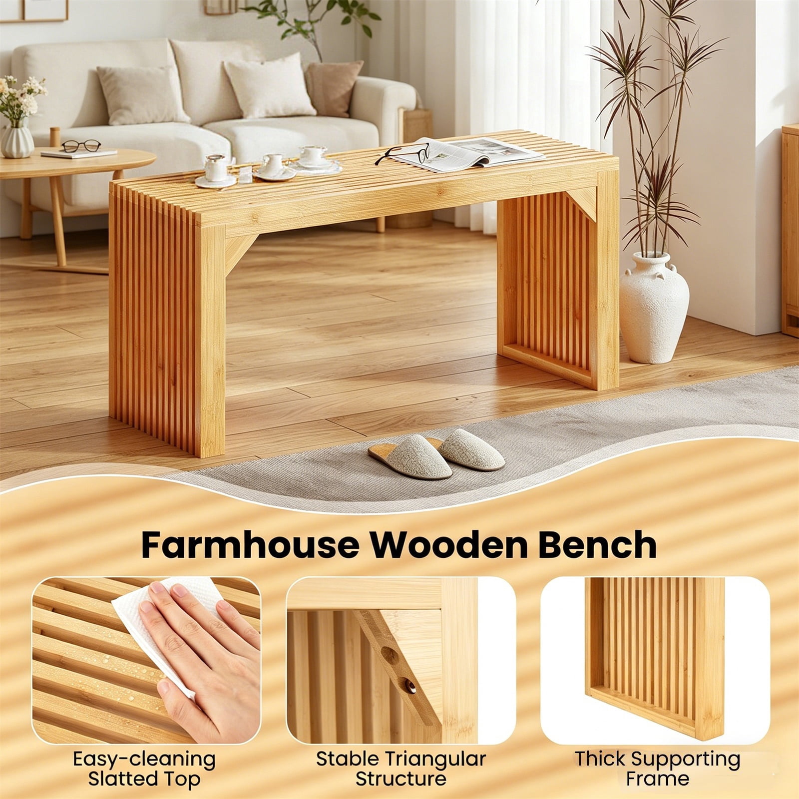Hommoo Modern Bamboo Dining Bench Long Entryway Bench, Solid Wood Bench, Natural