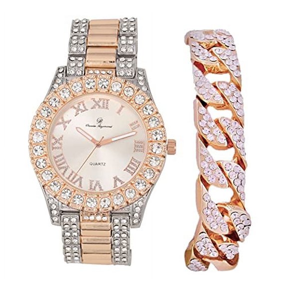 Charles Raymond Mens Silver Big Rocks with Roman Numerals Fully Iced Out Colorful Dial Wristwatch w/Blinged Out Cuban Shiny Silver Bracelet - ST10327 RN Cuban (TT Rose Gold)