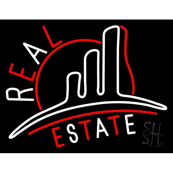 Real Estate With Logo 3 LED Neon Sign 15 x 19 - inches, Black Square Cut Acrylic Backing, with Dimmer - Bright and Premium built indoor LED Neon Sign for office, and stroefront