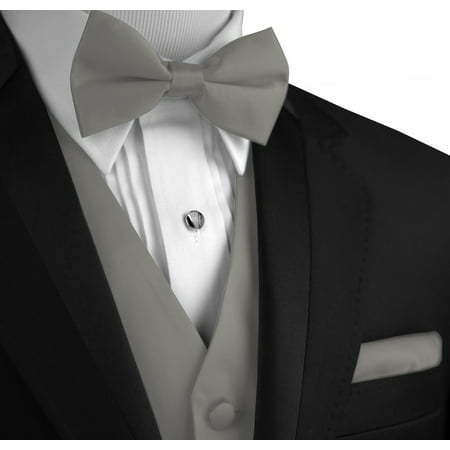 - Italian Design, Men's Formal Tuxedo Vest, Bow-Tie & Hankie Set for Prom, Wedding, Cruise in Silver
