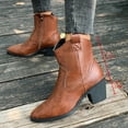 thumbnail image 5 of Womens Vintage Mid Calf Cowboy Riding Boots Casual Leather Pointed Toe Chunky Heels Wide Calf Western Cowgirl Short Booties Brown Size 7.5, 5 of 5