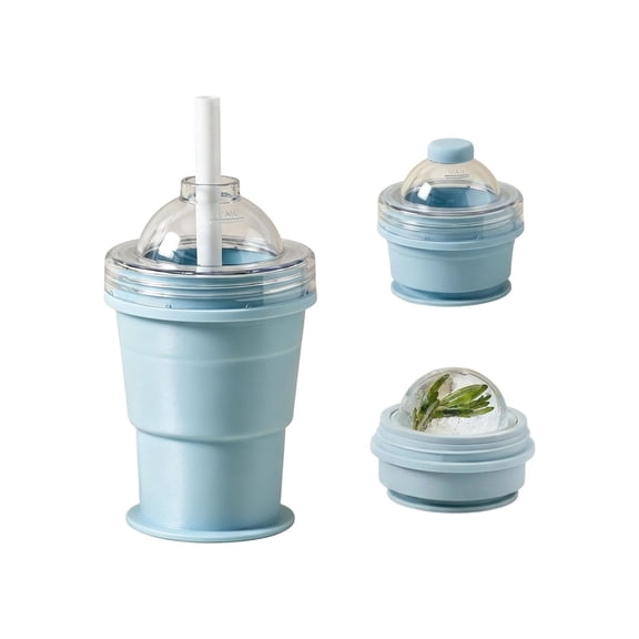 2-in-1 Silicone Ice Ball Mold & Straw Cup, Leak-Resistant Collapsible, Baby Blue 11oz