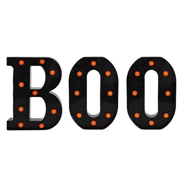 Decoraciones de Halloween para interiores: 4 letras LED iluminadas, letreros de marquesina con la frase Boo y Ghost para decoración de pared de cocina y sala de Halloween, letras de marquesina de
