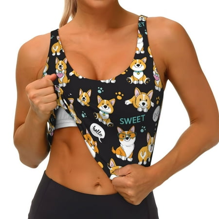 Qokaie Cute Dogs Corgi Pattern Womens Scoop Neck Sports Bra Breathable Workout Vest Padded U Back Medium Impact Fitness Gym Yoga Bra Workout Crop Top