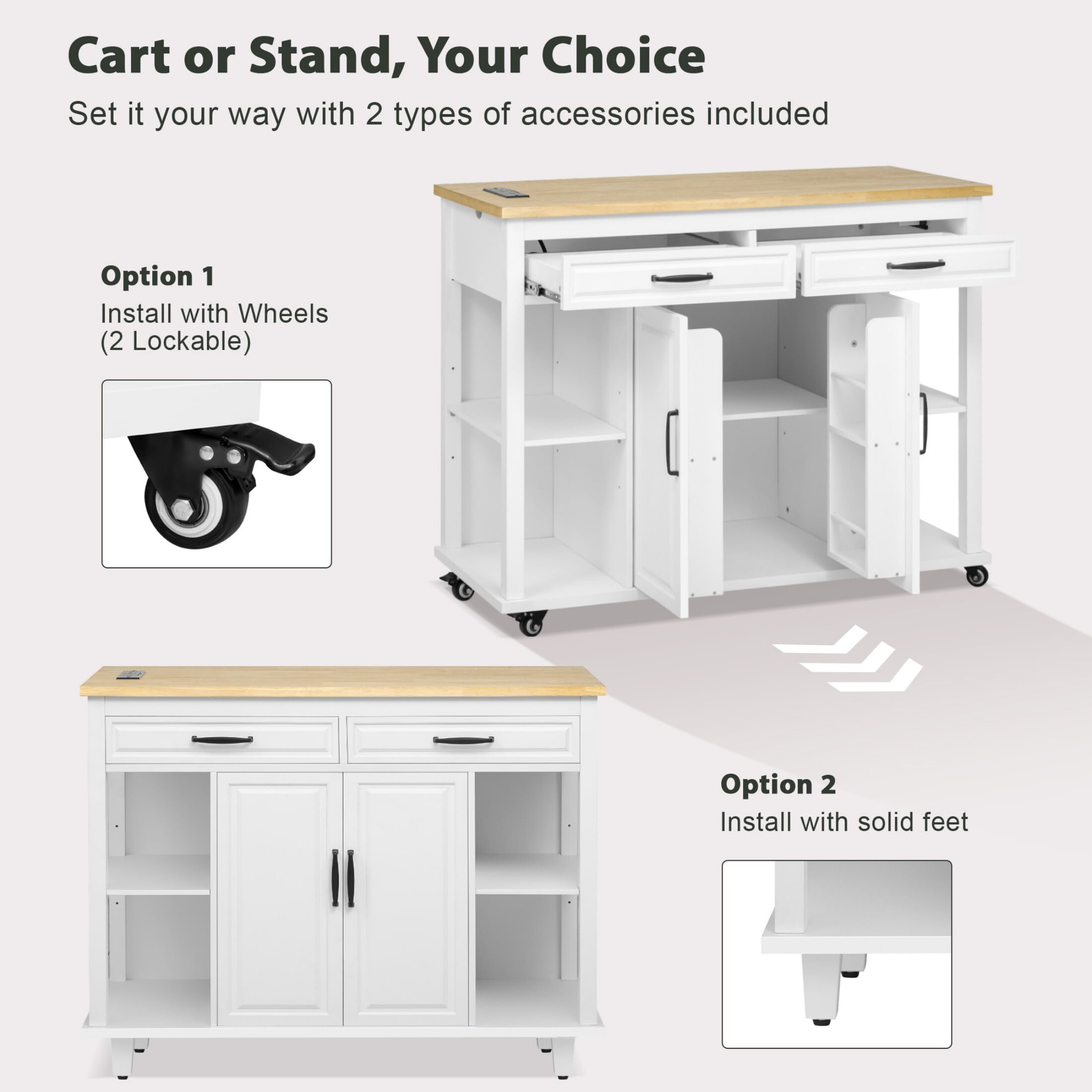 DEALTOPS 47.2'' Kitchen Island Cart with Extendable Table and Open Spaces, Kitchen Storage Cart with Adjustable Shelves, White