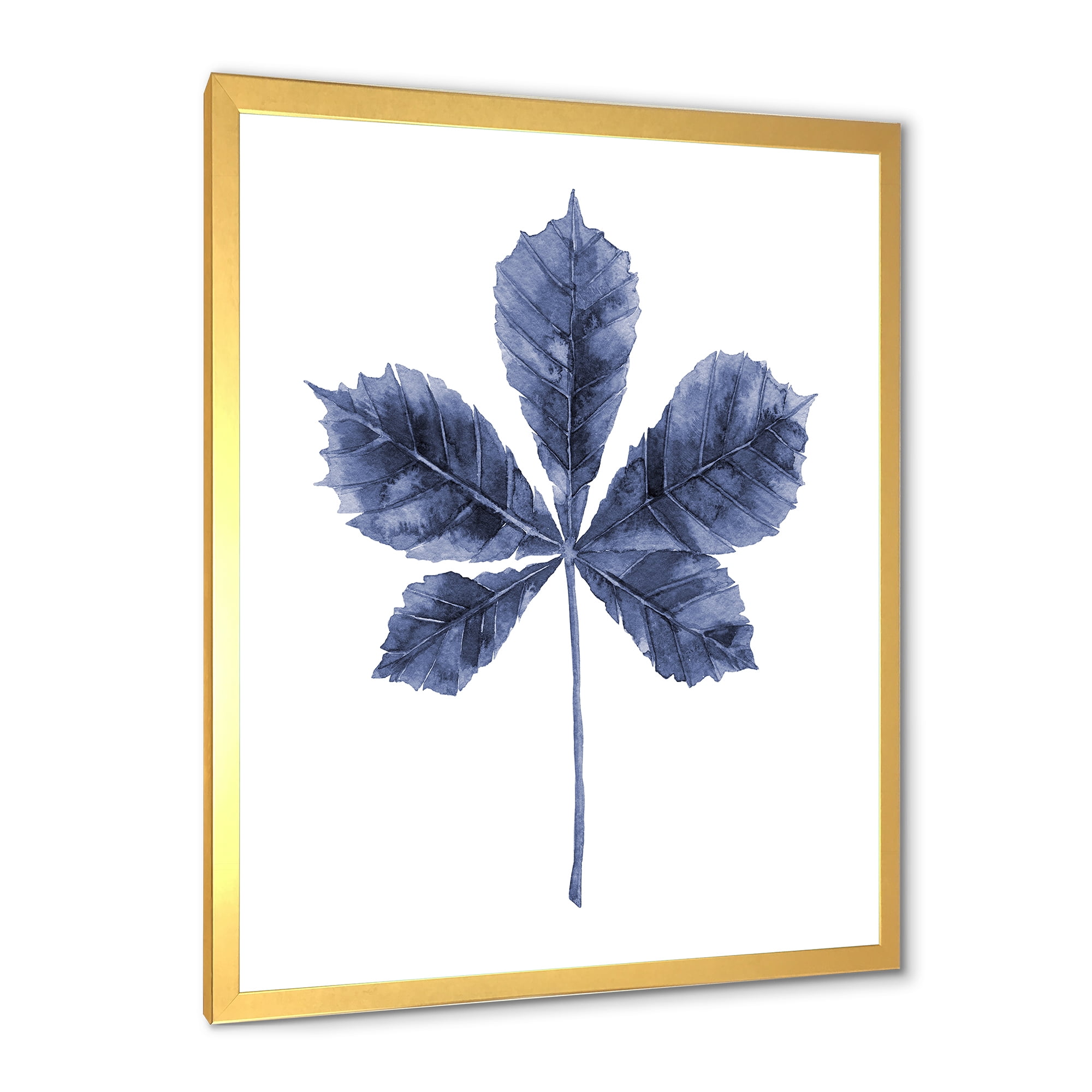 Designart 'Navy Blue Chestnut Leaf On White' Traditional Framed Art Print