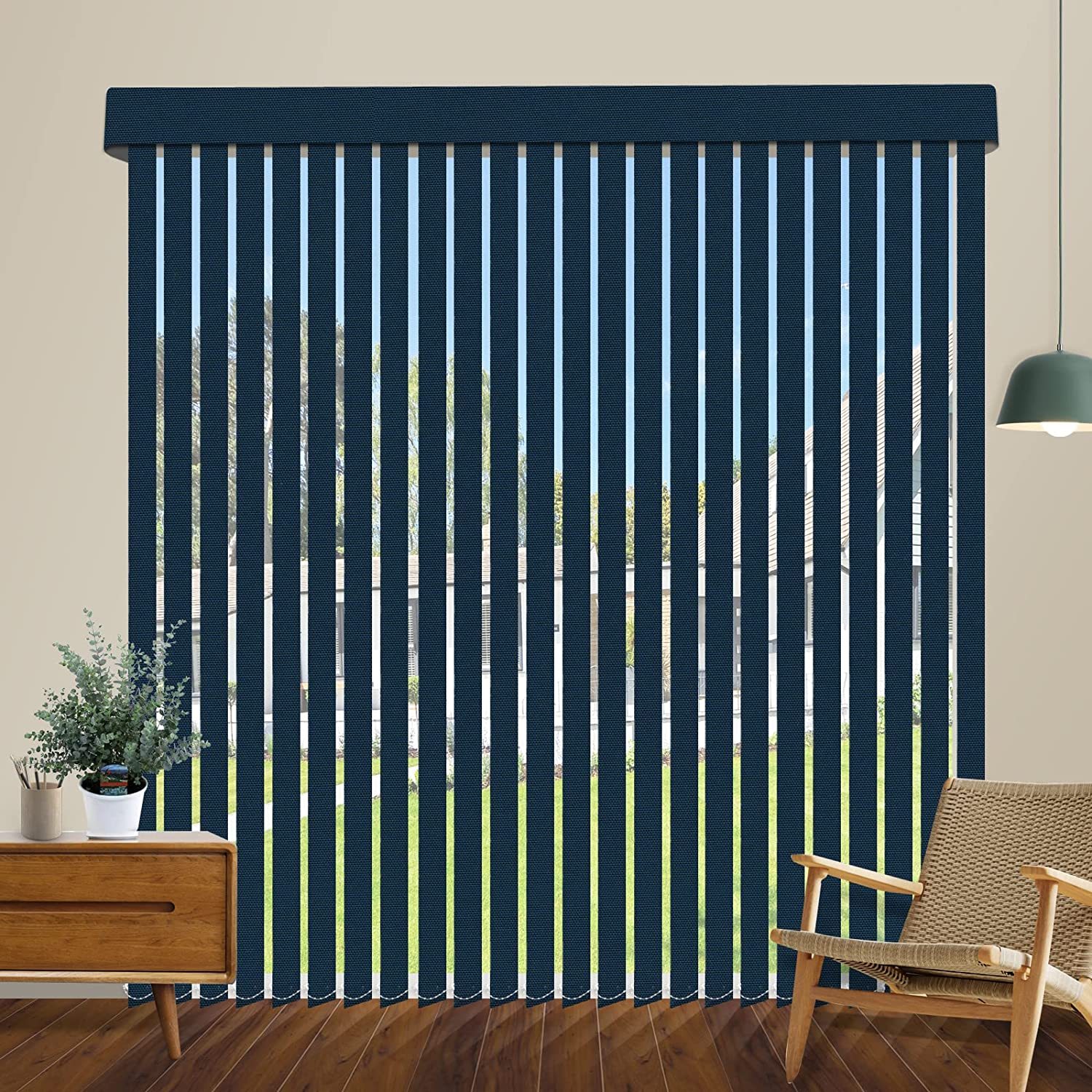 Cordless Blackout Vertical Blinds, Navy Blue Custom 3.5 Inches Slat Fabric Window Blinds