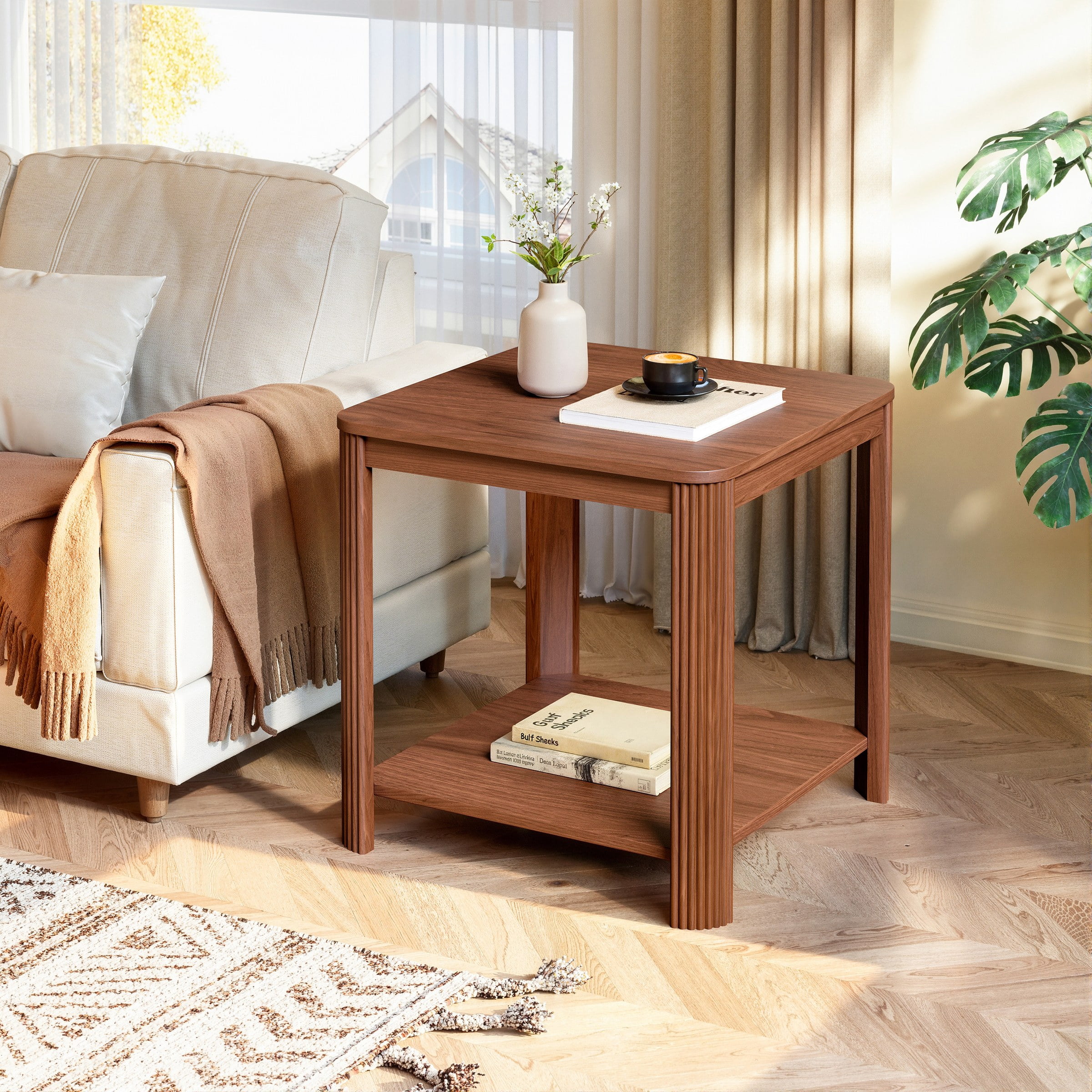 Rounded Corner End Tables Set of 2, 22.1" Square Nightstand with Vertical Wave Grain Legs, 2-Tier Boho Side Table for Living Room, Bedroom & Home Office (Walnut)