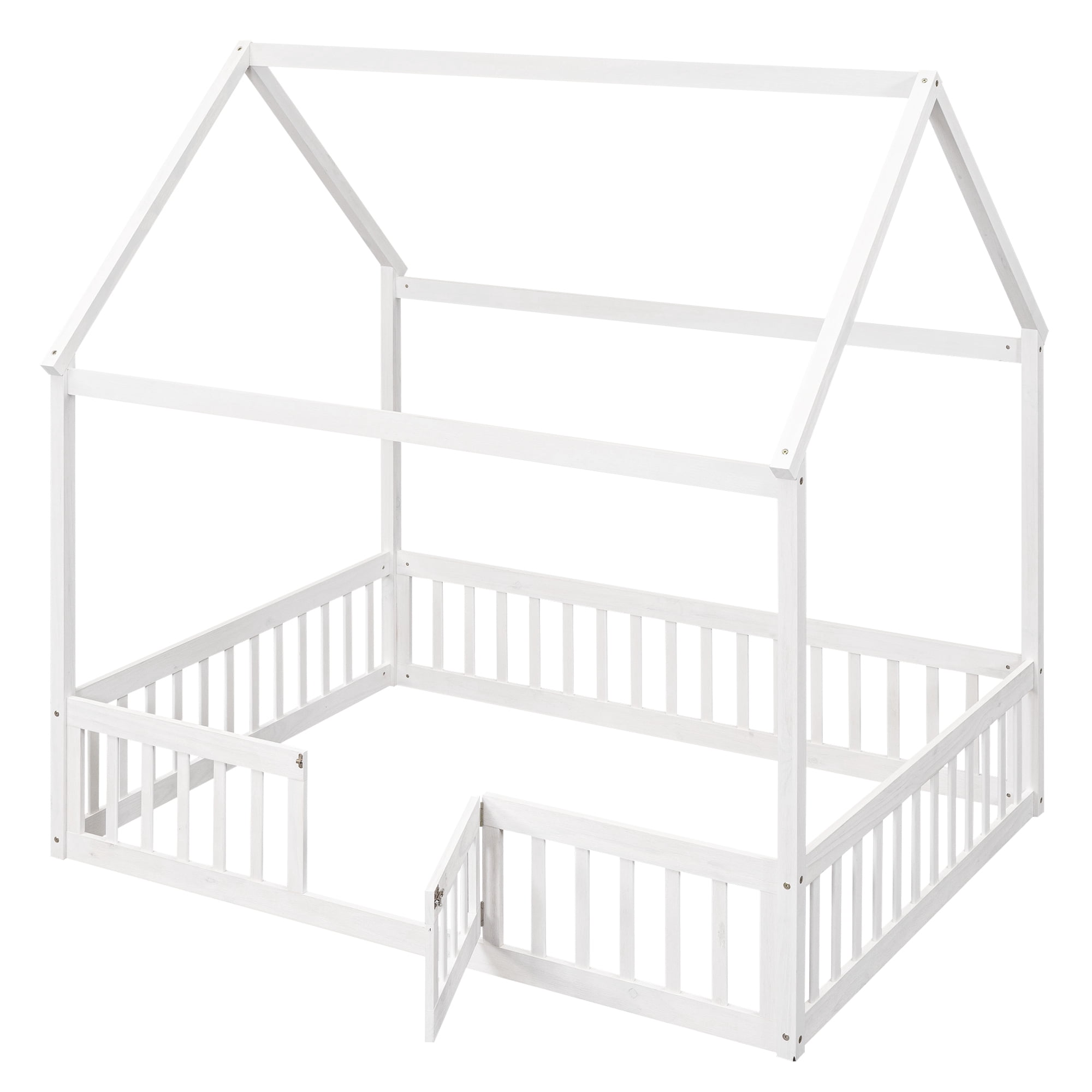Harper & Bright Designs House Floor Bed with Fence & Roof, Full Size Wood Playhouse Bed Frame wih Rails & Door for Boys Girls, White