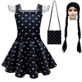 thumbnail image 1 of HAWEE Costume de Filles Addams Robe Noire à Manches Volantes Robe Décontractée Fête d'Halloween Mercredi Addamss Cosplay avec Perruque, Sac, 1 of 6