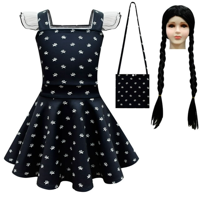 HAWEE Costume d'Addams pour Filles Robe Noire à Manches Volantées Robe Décontractée Fête d'Halloween Cosplay Wednesday Addams avec Perruque, Sac
