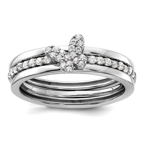 925 Sterling Silver Rhodium Plated CZ Butterfly Angel Wings Ring With Two Plain Bands 3 Ring Set Size 6 Ring for Women a