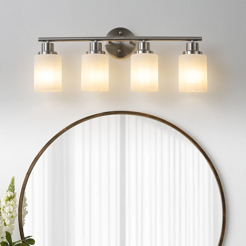 24" Modern 4-Light Vanity Wall Sconce, Brushed Nickel Finish with Frosted Glass Shades for Bathroom or Hallway Lighting (No Bulbs)