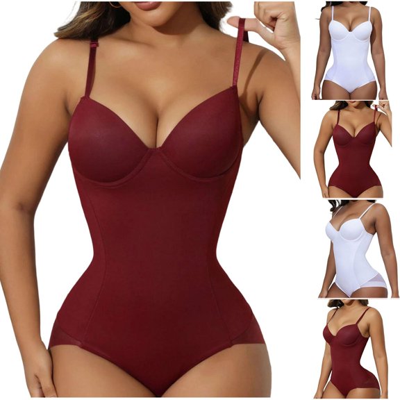 CBASIHI Womens Waist Trainer Shapewear Bodysuits- Adjustable Spaghetti Strap Butt Lift Tummy Control Backless Slim Thong Bodysuit Wine Size S-2XL