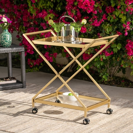 Outdoor Powder Coated Iron and Glass Bar Cart, Gold