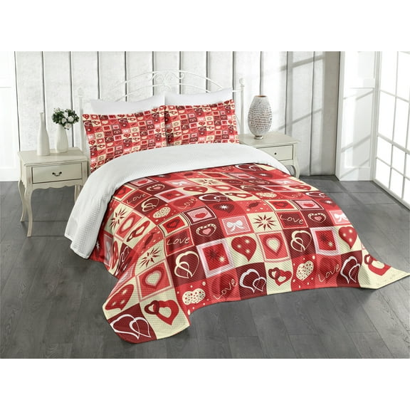 Ambesonne Valentine's Day Quilted Bedspread Set 3 Pcs, Valentine Hearts, King Size, Beige Coral Red