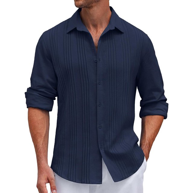 Men's Solid Color Striped Long Sleeve Shirt Men's Casual Fashion ShirtL