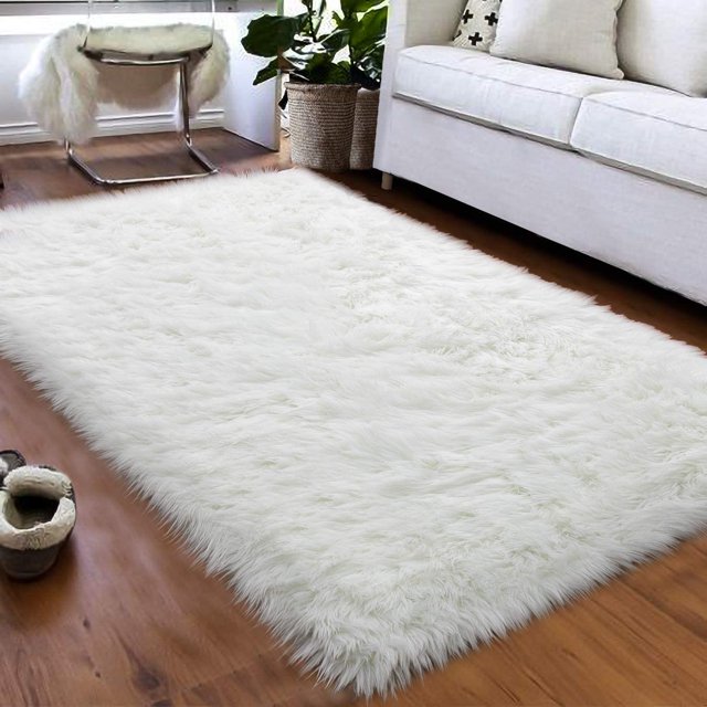 LAICAIW Fluffy Faux Fur Sheepskin Rugs Luxurious Wool Area Rug for Kids Room Bedroom Bedside Living Room Office Home Decor Carpet (3ft x 5ft, White)