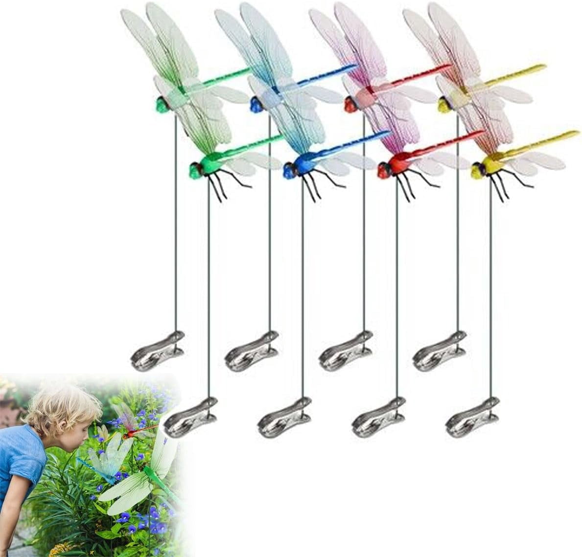 HaCpiu 20Pcs 3D Fake Dragonfly Clip Bug Repellent, 12" Dragon Fly Hat Clips Decor, Faux Insect Decoration for Indoor, Patio, Outdoor, Lawn, Home Accessories & Courtyard Ornament