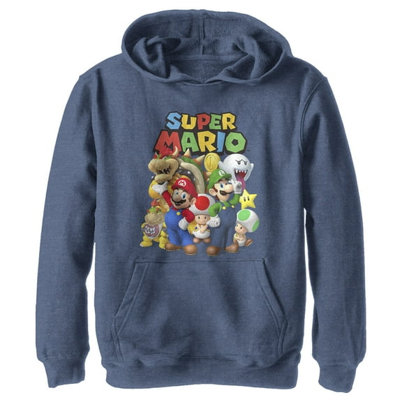 Boy's Nintendo Super Mario Group Pull Over Hoodie Navy Blue Heather Medium