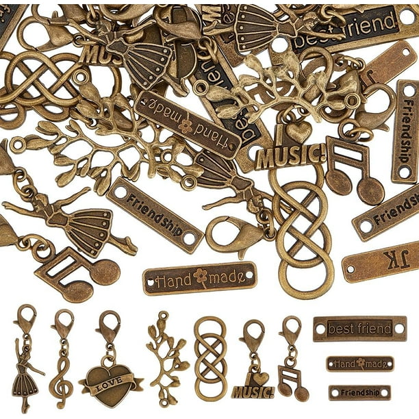 40 dijes de bronce surtidos, 10 estilos diferentes, colgantes vintage de aleación con cierre de langosta para crear collares, pulseras, llaveros y bisutería.