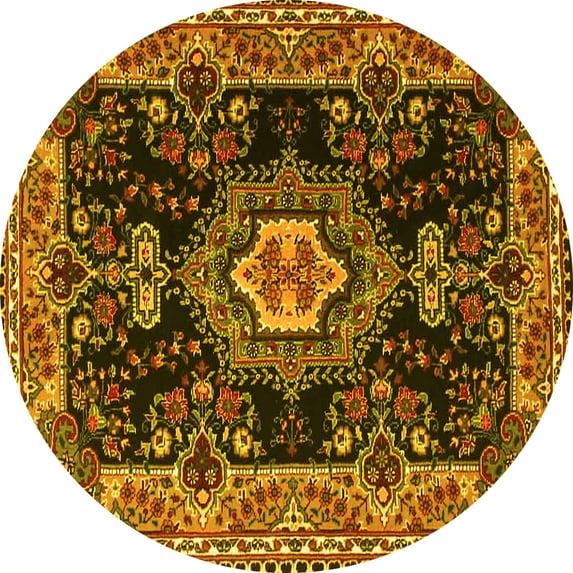 Ahgly Company Machine Washable Indoor Round Medallion Yellow Traditional Area Rugs, 3' Round