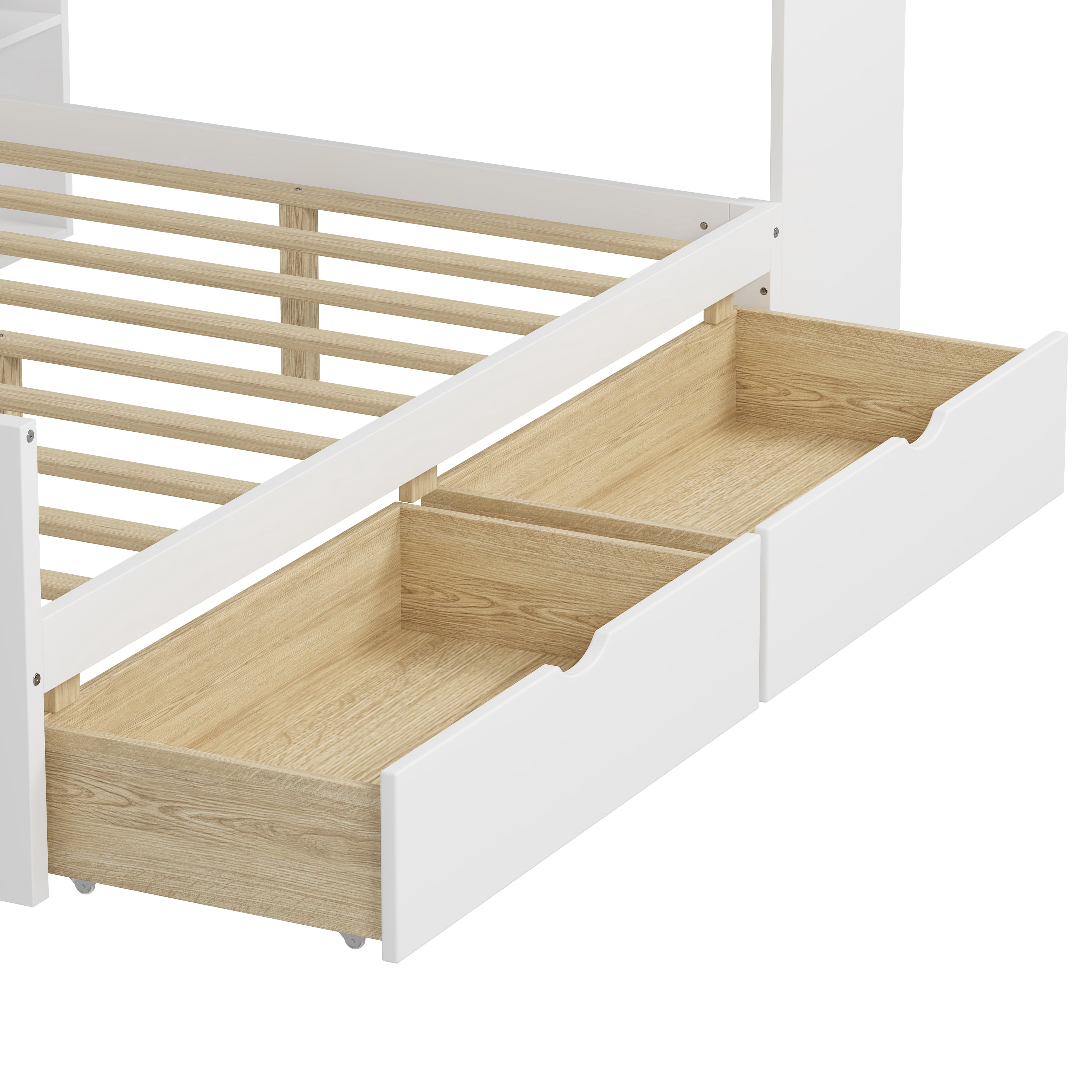 Euroco Wood Twin Size Storage Daybed with Cabinets and Drawers, Functional Bed with Desk and Shelves, White