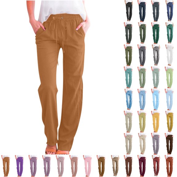 Bmisegm Women High Waisted Wide Leg Pants Casual Drawstring Elastic Trousers Summer Comfy Straight Leg Long Pants with Pockets Gold S