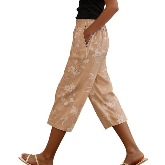 Women's Linen-Blend Floral Embroidery Cropped Straight-Leg Pants Elastic Waist Side-Pocket Casual Capris for Spring & Summer