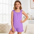 thumbnail image 2 of JIAYUE Girls Outfit Sets Solid Color Square Collar Summer Sleeveless Tank Top And Shorts Casual Lace Trim Lovely Children Clothes Suits, 2 of 7