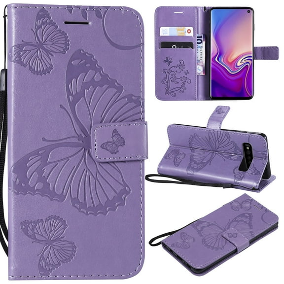 S10 Case, Samsung Galaxy S10 Case - Allytech Premium Wallet PU Leather with Fashion Embossed Floral Butterfly Magnetic Clasp Card Holders Flip Cover with Hand Strap, Purple