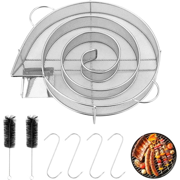 Cold Smoke Generator Made of Stainless Steel, Round Smoker Snail, Savings Burn Smoker Oven with Handle, with 4 Meat Hooks   2 Cleaning Brushes, Meat Smoker Oven for Kettle Grills, Smokers and Smoking