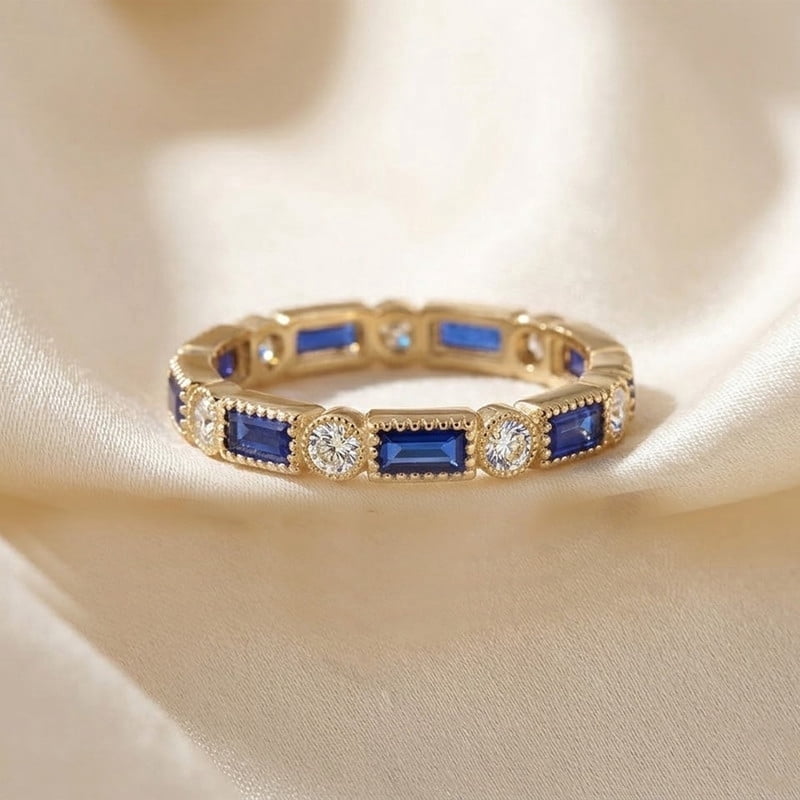 Baguette Cut Blue Sapphire & Diamond Eternity Engagement Ring, Dainty September Birthstone Anniversary Gift for Her, Matching Band Alternative Ring