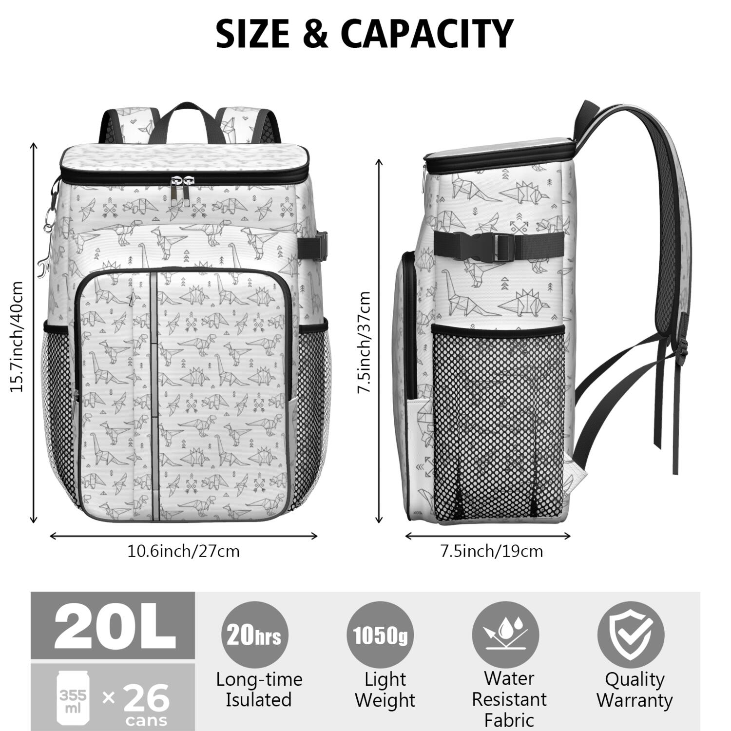 Travel Cooler Bag - BlackWhite Origami Dinosaurs Tribal Pattern Camping Beer Cooler Backpack with Bottle Opener- Waterproof Insulated Picnic Backpacks - Cooler Bag for Beach