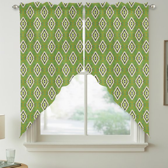 Green Slate Diamonds Swag Kitchen Curtain Valances, Abstract Vintage Minimalist Geometric Grid Rod Pocket Curtains Window Treatment Decor Valances for Bedroom Bathroom, 2 Panels 36 x 36 Inch