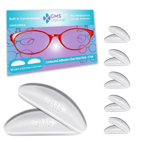 GMS Optical Contoured Adhesive Silicone Nose Pads for Glasses – 18mm Length, 2.5mm Thick, Anti-Slip Backing ( 10 Pair, Clear)