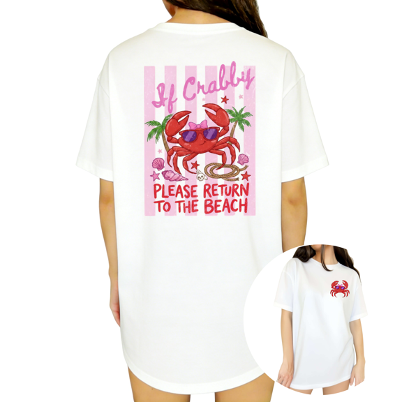 UNISHE Women's Soft Pastel Vintage Vertical Stripe Heart Crab Tropical Beach Dual Side Graphic Short Sleeve T-Shirts white Tops
