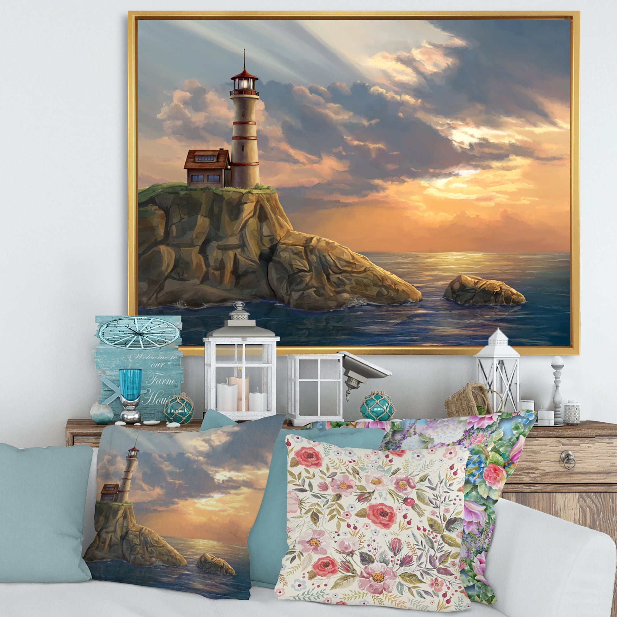 Designart 'Lighthouse On A Rocky Coastal Cliff At Evening Light' Nautical & Coastal Framed Canvas Wall Art Print