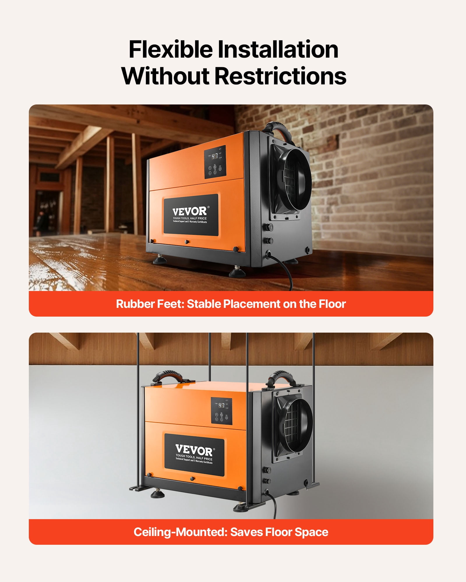 VEVOR 125 Pints Commercial Dehumidifier with Drain Hose, Portable Crawl Space Dehumidifiers for Basement Storage Room Industrial Grade, Auto Defrost/Drainage, Heavy-duty Galvanized Steel,LED Indicate