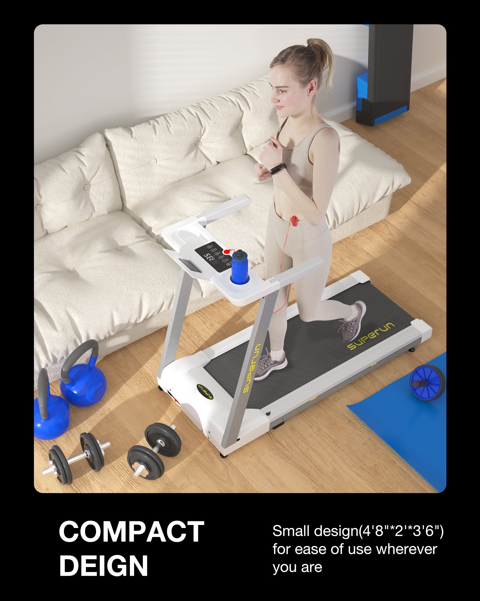 SSPHPPLIE 3HP Folding Treadmill for Home, APP Control , 300LB Walking Pad Running Data Analysis（Gary-Pink）