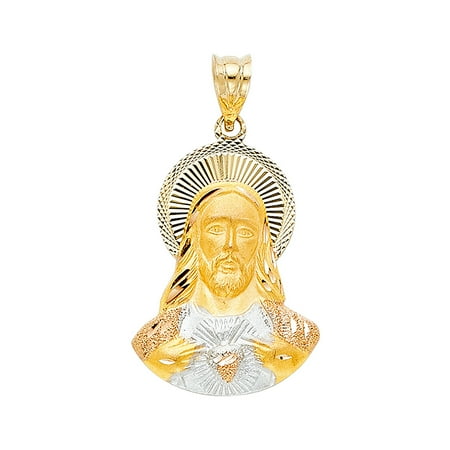 14K 3C Diamond Cut Jesus Stamp Religious Pendant | Tri Gold Religious Charm Pendant for Necklace Chain | Gift for Men Women | 25 x 18 MM | 1.9 grams